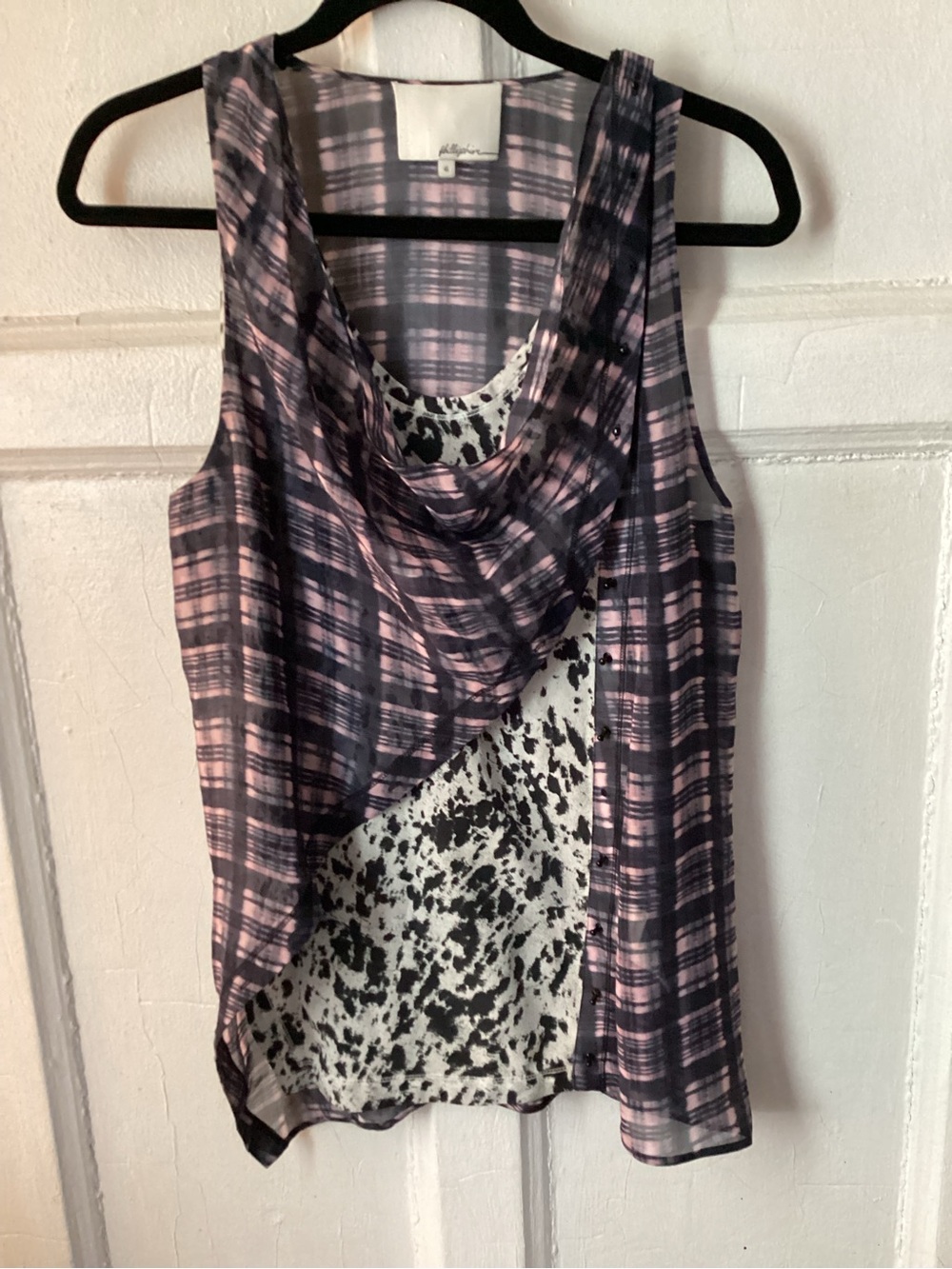 3.1 Phillip Lim Pink and Black Plaid Layered Cowl Cami with Speckled Inner Panel